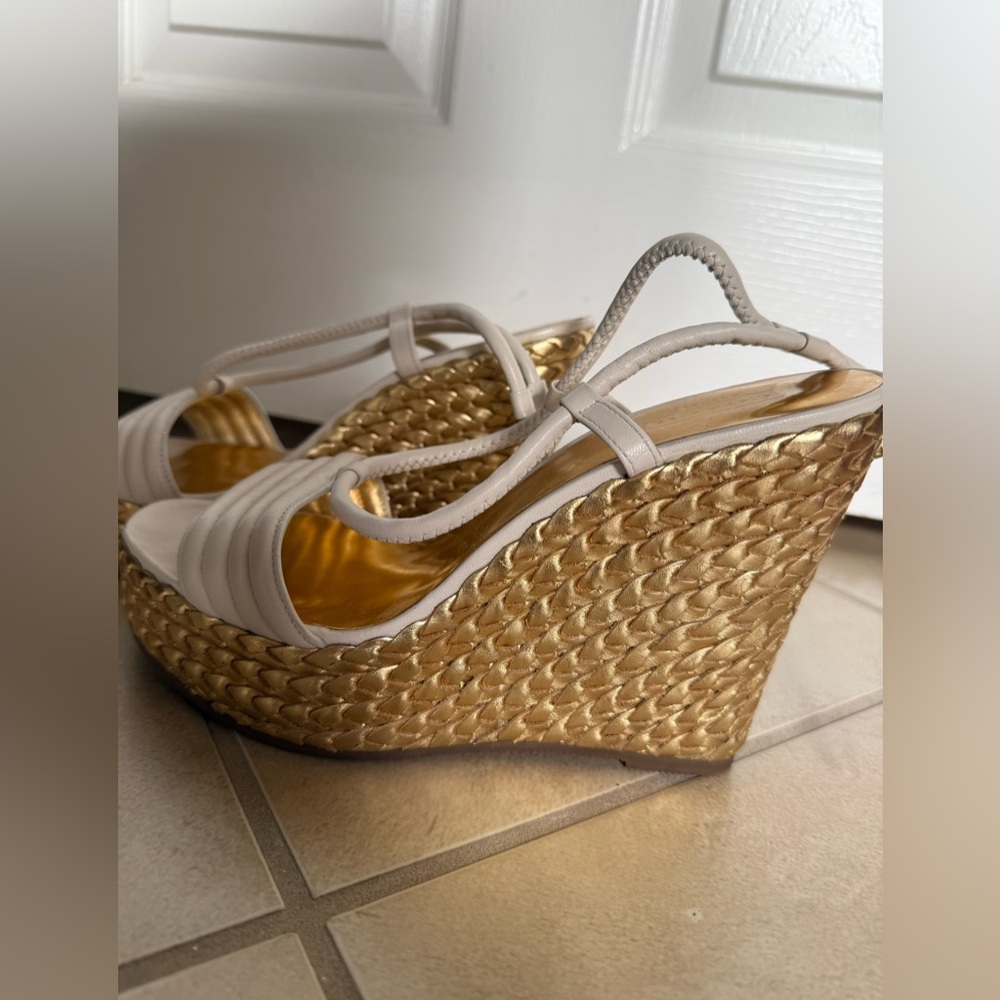 Coach Cream and Gold Wedge Sandals - Picture 6 of 8